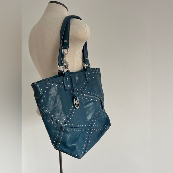Michael Kors Astor Large Studded Blue Leather Tote Satchel Shoulder Bag Rocker - Picture 10 of 15
